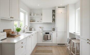 Small kitchen with crisp white cabinets and light walls, creating an illusion of space.