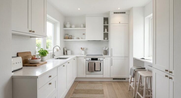 Small kitchen with crisp white cabinets and light walls, creating an illusion of space.