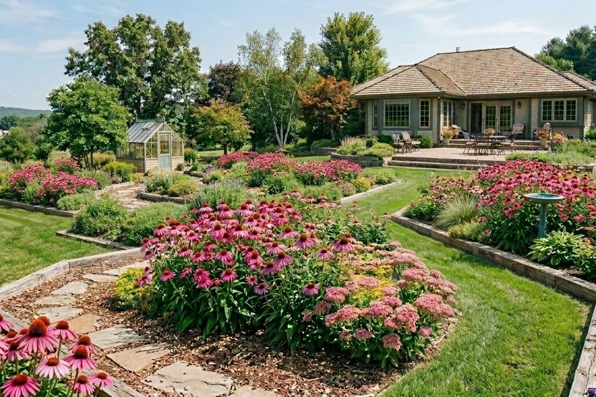 Coneflowers and sedum, native drought-tolerant plants, thriving in a low-maintenance garden.
