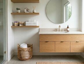 Minimalist bathroom with clear countertops and hidden storage for a decluttered spa-like design.