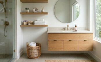 Minimalist bathroom with clear countertops and hidden storage for a decluttered spa-like design.
