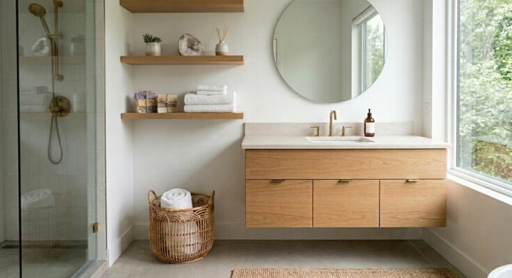 Minimalist bathroom with clear countertops and hidden storage for a decluttered spa-like design.