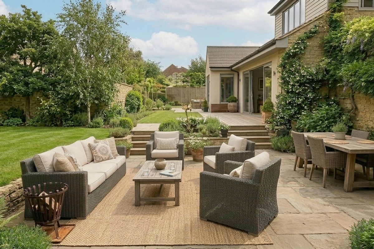 Outdoor patio with distinct zones, a large weather-resistant rug anchors a cozy seating area with outdoor furniture