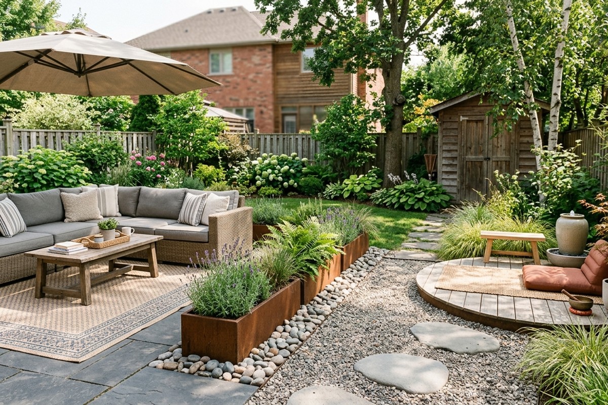 Serene backyard retreat with clearly defined zones, including a lounge corner with an outdoor rug and a meditation nook, separated by planters.