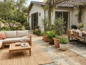 Patio divided into zones for dining and a cozy conversation nook, using an outdoor rug, furniture, and planters.