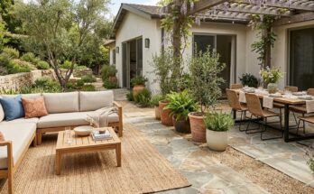 Patio divided into zones for dining and a cozy conversation nook, using an outdoor rug, furniture, and planters.