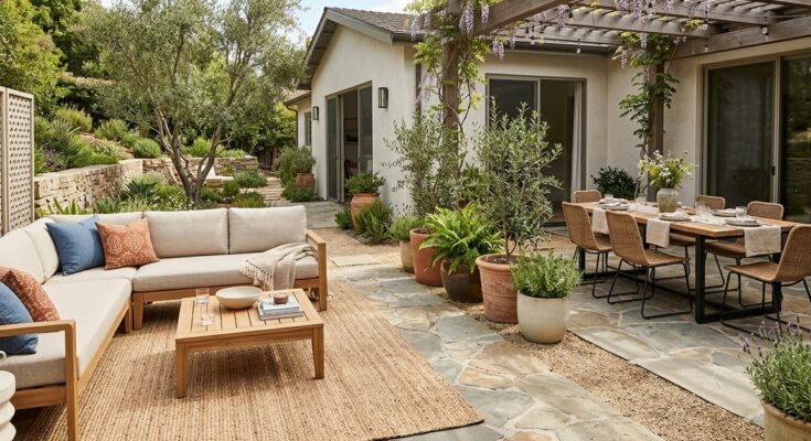 Patio divided into zones for dining and a cozy conversation nook, using an outdoor rug, furniture, and planters.