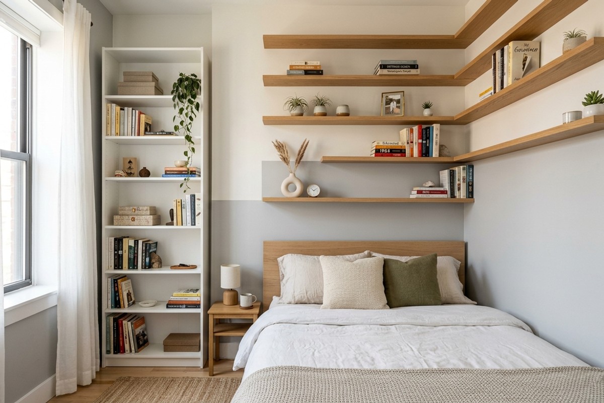 Floating shelves above a headboard or a tall narrow bookcase demonstrating vertical storage in a small bedroom.