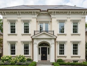 Home exterior with detailed architectural trim, robust window casings, detailed door surrounds, and elegant cornices.