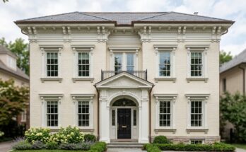 Home exterior with detailed architectural trim, robust window casings, detailed door surrounds, and elegant cornices.