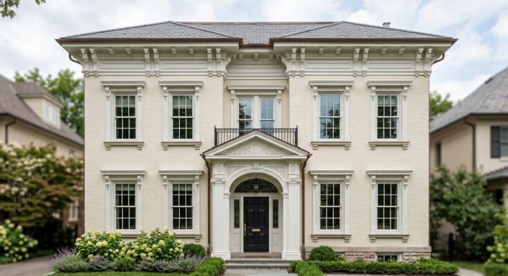 Home exterior with detailed architectural trim, robust window casings, detailed door surrounds, and elegant cornices.
