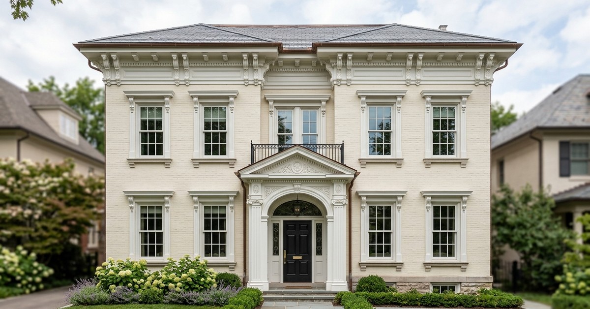 Home exterior with detailed architectural trim, robust window casings, detailed door surrounds, and elegant cornices.