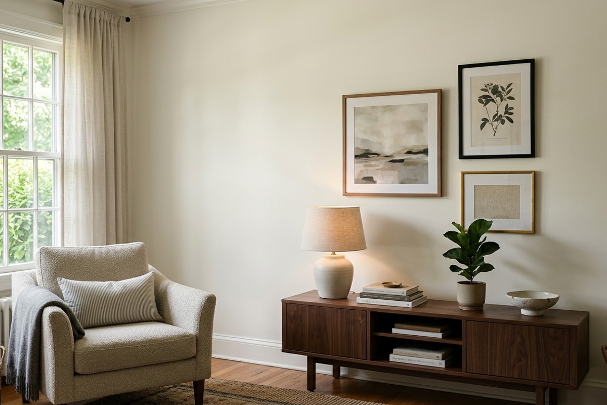 Living room wall painted in a soothing warm grey, creamy off-white, or gentle sage green color palette.