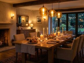 Cozy dining room with layered lighting, dimmable pendants, sconces, and candles for an inviting atmosphere.