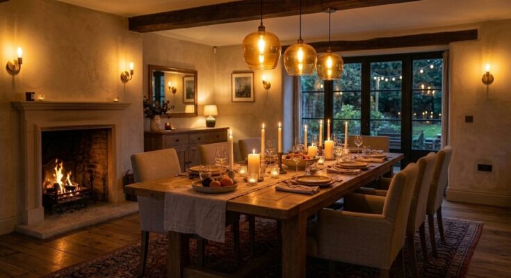 Cozy dining room with layered lighting, dimmable pendants, sconces, and candles for an inviting atmosphere.
