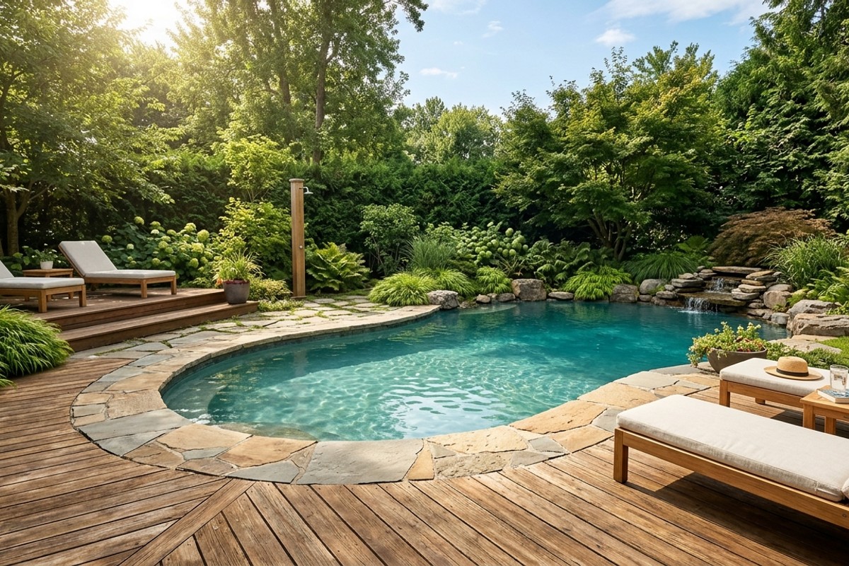 Backyard pool featuring natural stone pavers and warm cedar decking