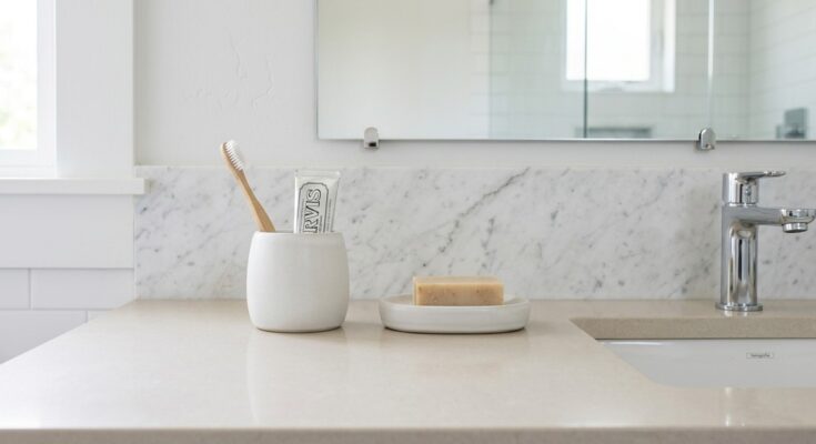 Decluttered bathroom countertop with minimal, organized essentials for a spa-like feel.