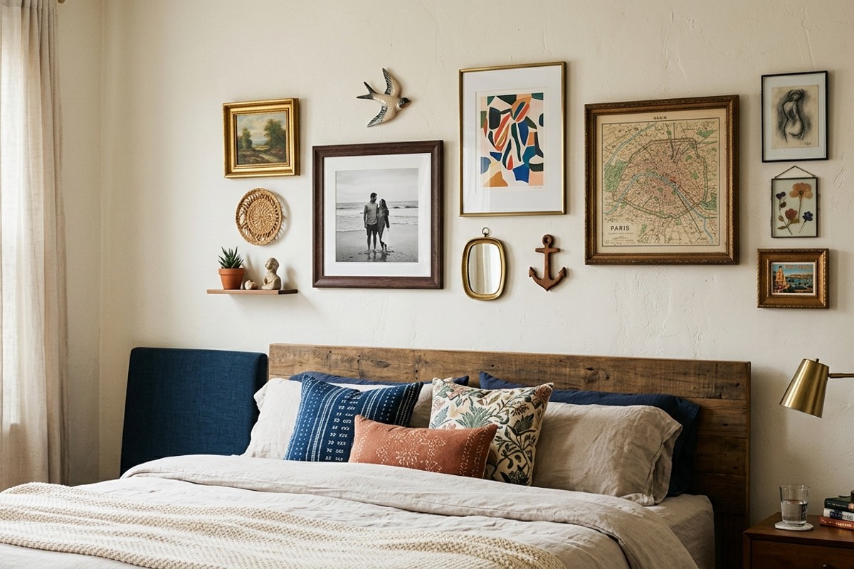 Eclectic gallery wall in a bedroom with varied framed photos, sentimental art, and unique finds.