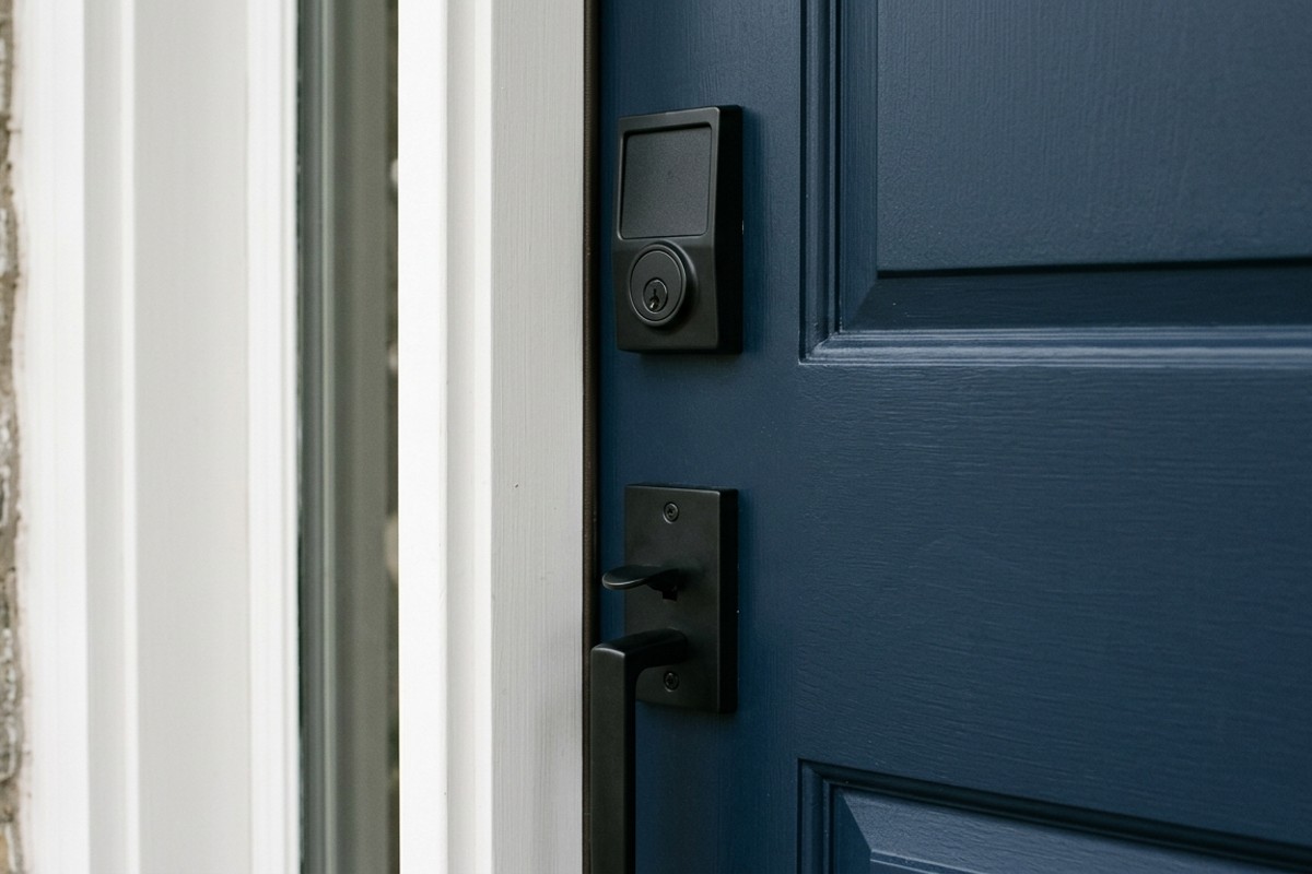 Deep navy front door with sleek matte black handle and hardware, enhancing facade curb appeal.