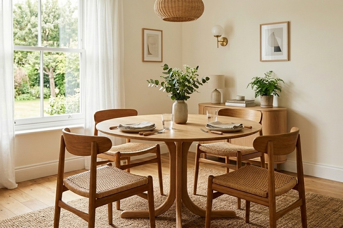 Round light wood pedestal dining table in a small dining room, optimizing space and movement.