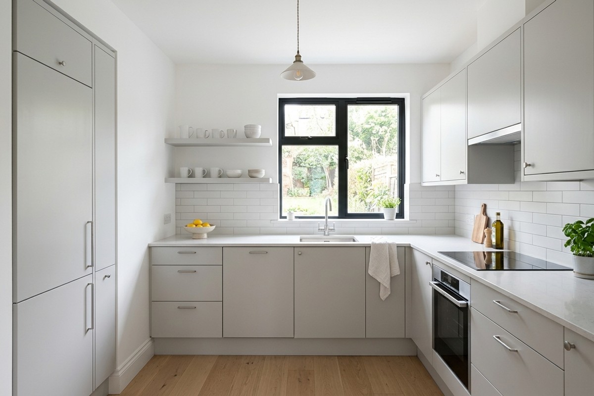 Small kitchen interior design with crisp white walls, pale gray cabinetry, and matching countertops in a monochromatic scheme.