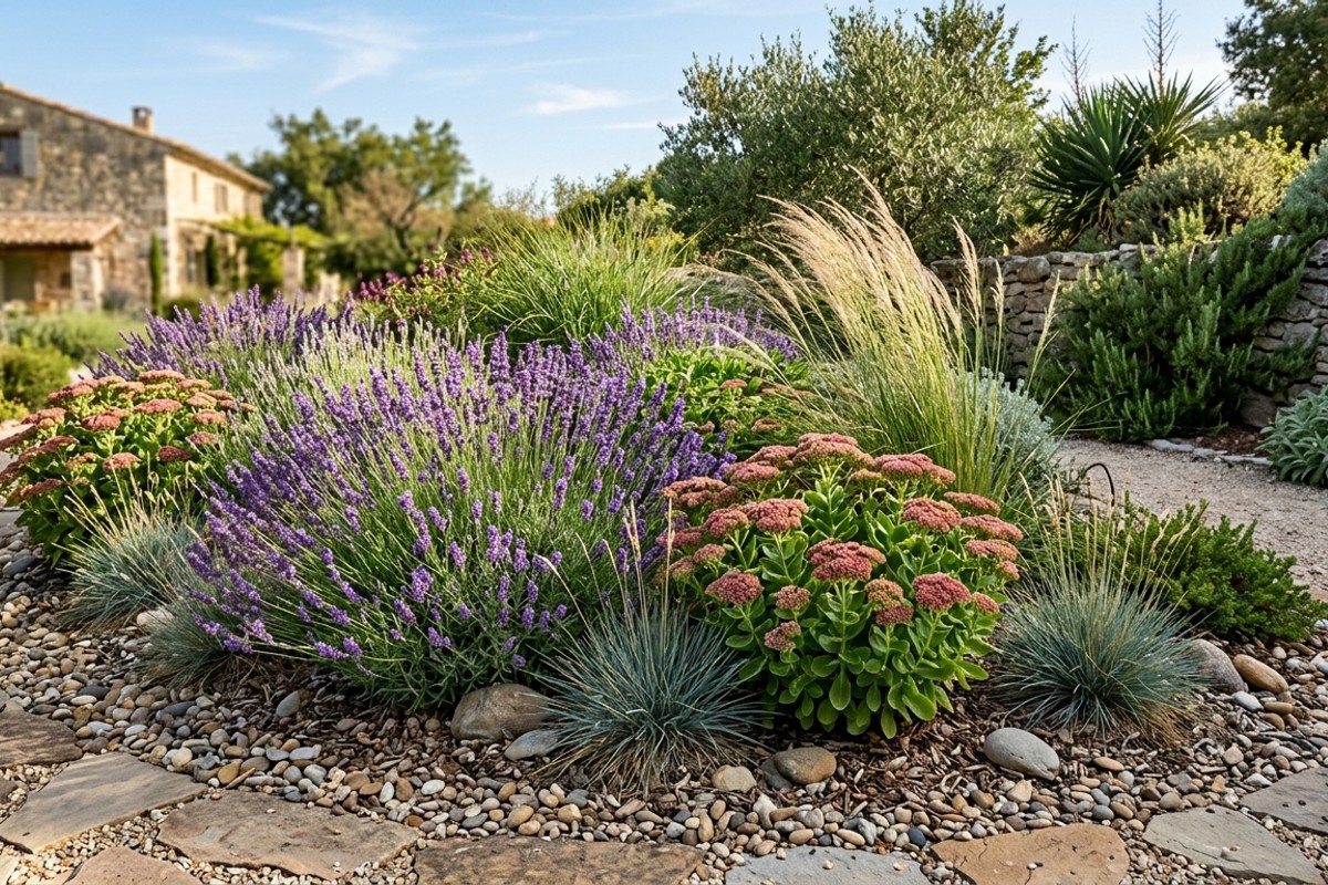 Garden bed with native, drought-tolerant plants like lavender, sedum, and ornamental grasses for low-maintenance landscaping.
