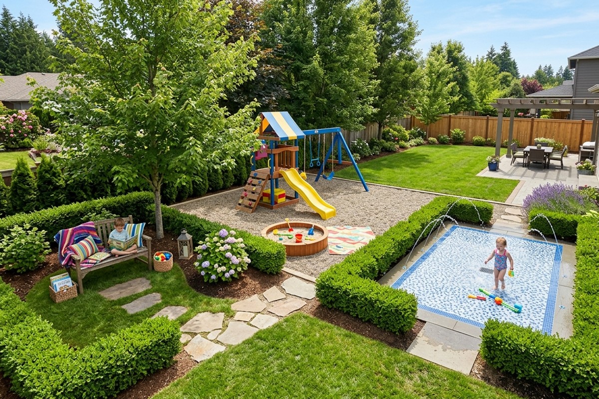Backyard divided into distinct play zones with low hedges, stepping stones, and different ground covers for a child-friendly design.