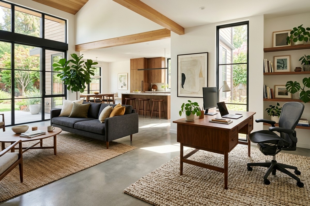 Textured jute or soft wool area rug delineating a home office corner with a desk and chair in an open living room.