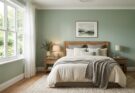 Bedroom with soft muted green walls and cream bedding, creating a calming sanctuary design.