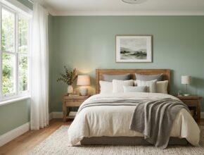 Bedroom with soft muted green walls and cream bedding, creating a calming sanctuary design.