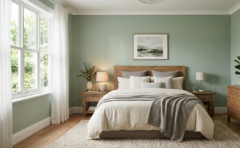 Bedroom with soft muted green walls and cream bedding, creating a calming sanctuary design.