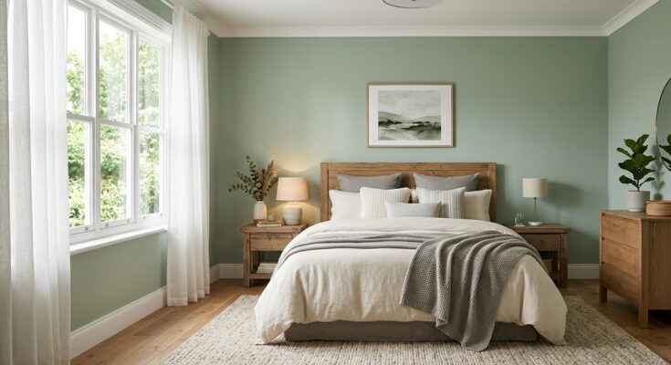 Bedroom with soft muted green walls and cream bedding, creating a calming sanctuary design.