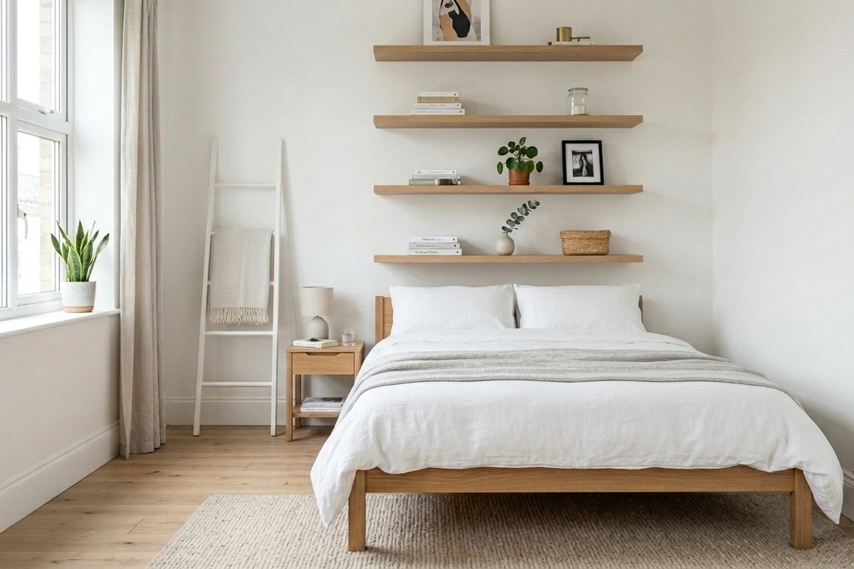 Floating white oak shelves above a bed in a small bedroom, showcasing vertical storage
