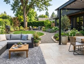 Backyard zones defined by an outdoor rug for a lounge area and different paving materials for dining and paths.