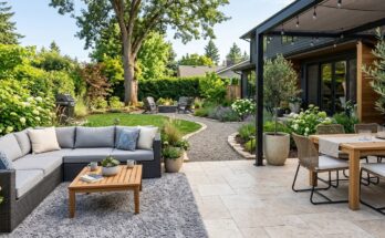 Backyard zones defined by an outdoor rug for a lounge area and different paving materials for dining and paths.