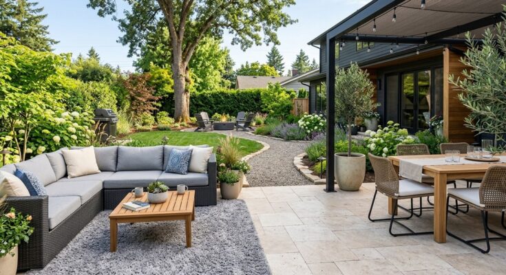 Backyard zones defined by an outdoor rug for a lounge area and different paving materials for dining and paths.