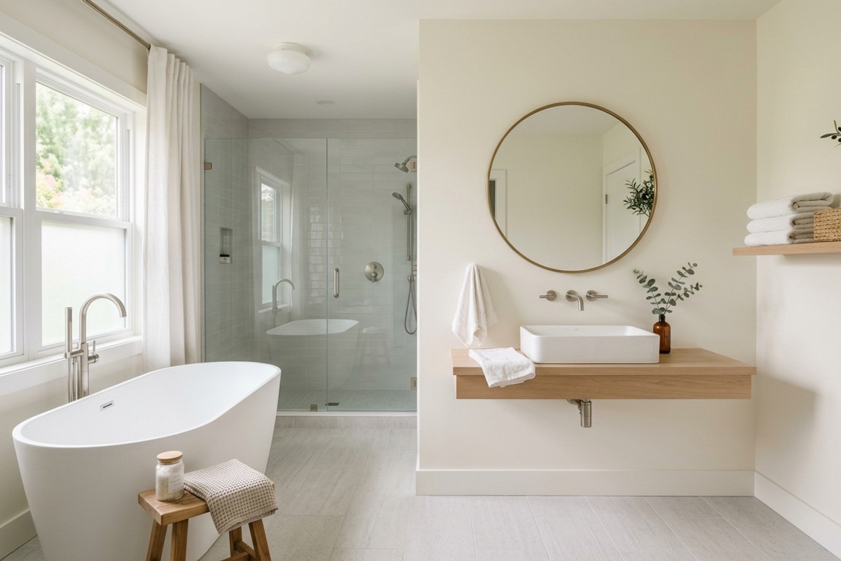 Serene bathroom with warm white walls and soft grey accents, showing a calming color palette.