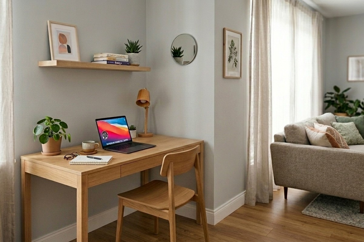 A dedicated home office zone in a small apartment, featuring a minimalist desk and chair.