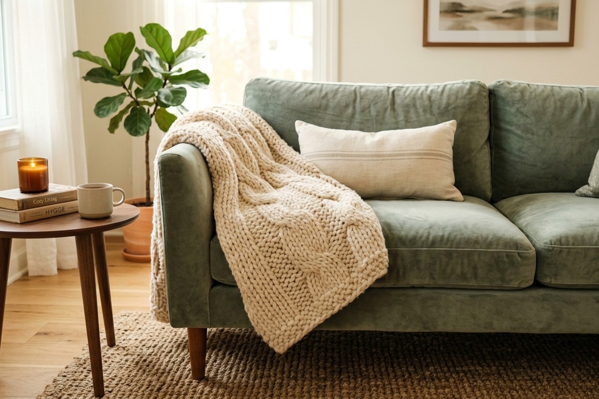 Cozy living room detail with plush velvet cushions, chunky knit throw, and jute rug.