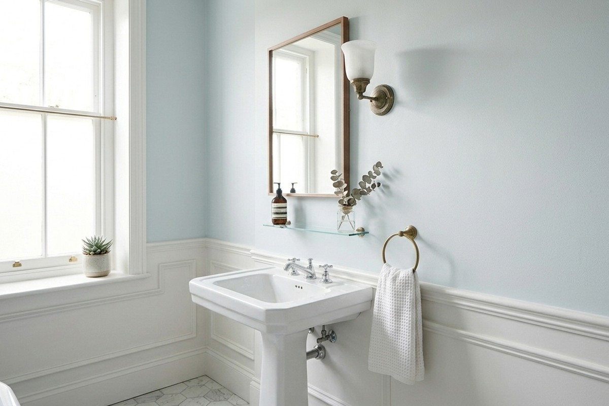 Freshly painted bathroom wall in serene light blue, demonstrating a budget-friendly transformation.