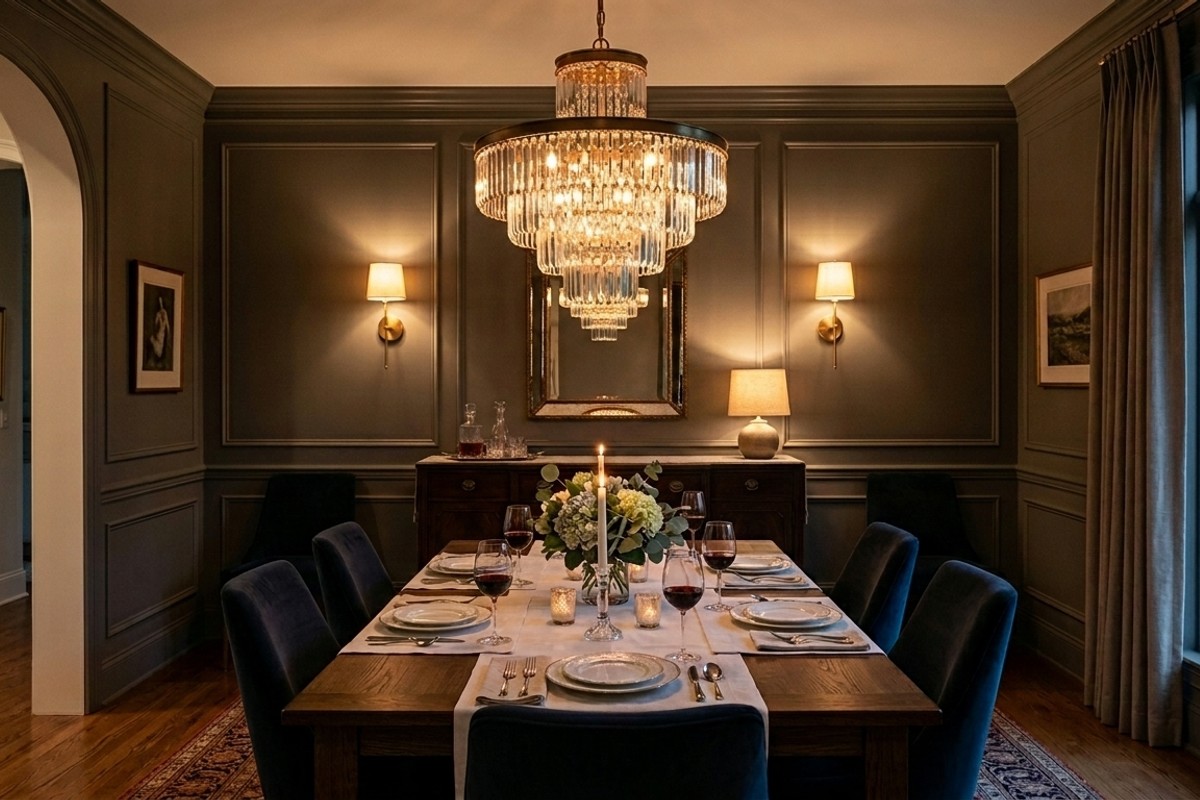 Layered lighting in an intimate dining room, featuring a chandelier, wall sconces, and buffet lamp.