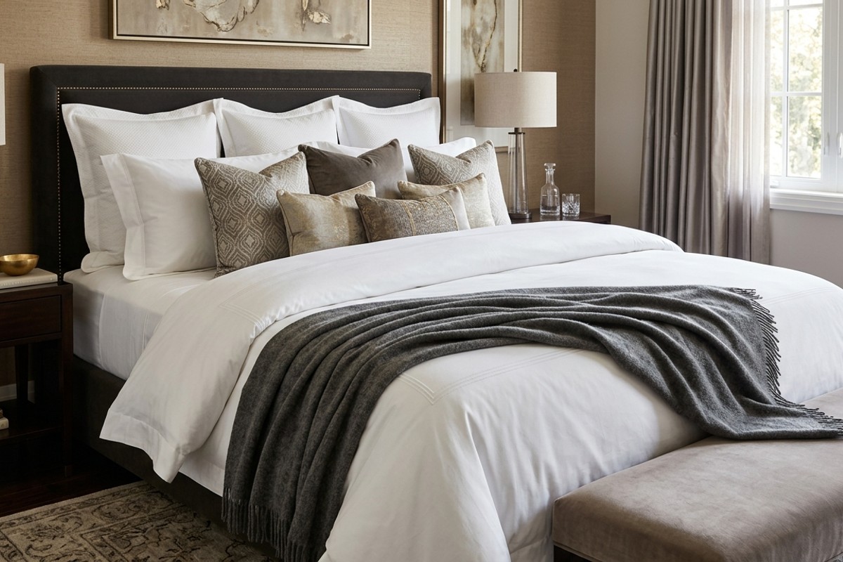 Close-up of a luxurious bed with layered crisp white sheets, a plush duvet, textured throw, and decorative pillows.