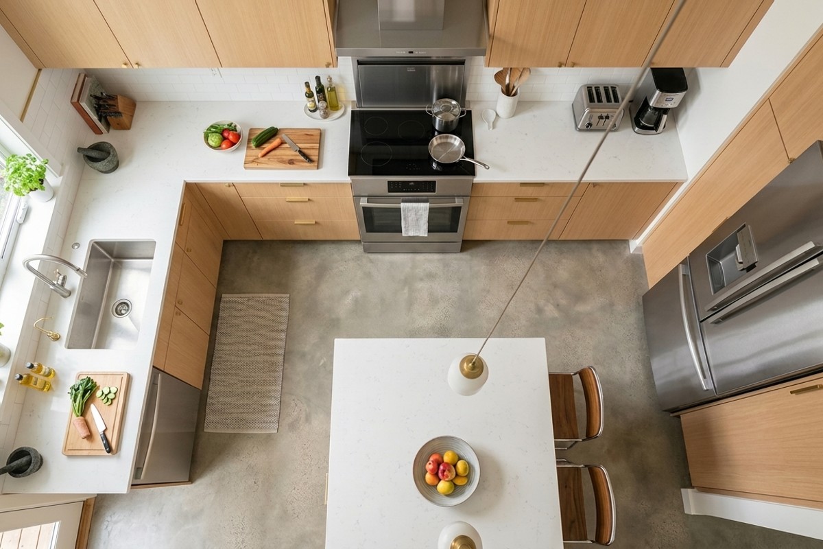 Overhead view of a modern kitchen showing the efficient work triangle layout with sink, refrigerator, and range.