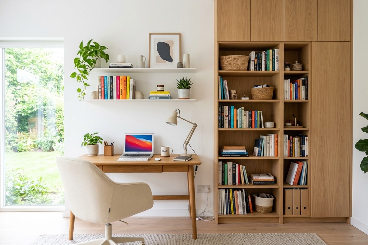 Vertical storage in a small home office with floating shelves, wall cabinets, and a tall bookcase above a clear desk.