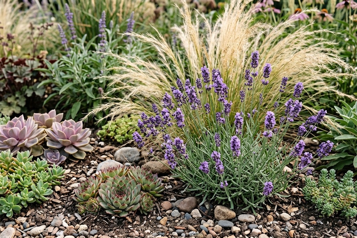 Garden bed with vibrant succulents, purple lavender, and ornamental grasses designed for low maintenance.