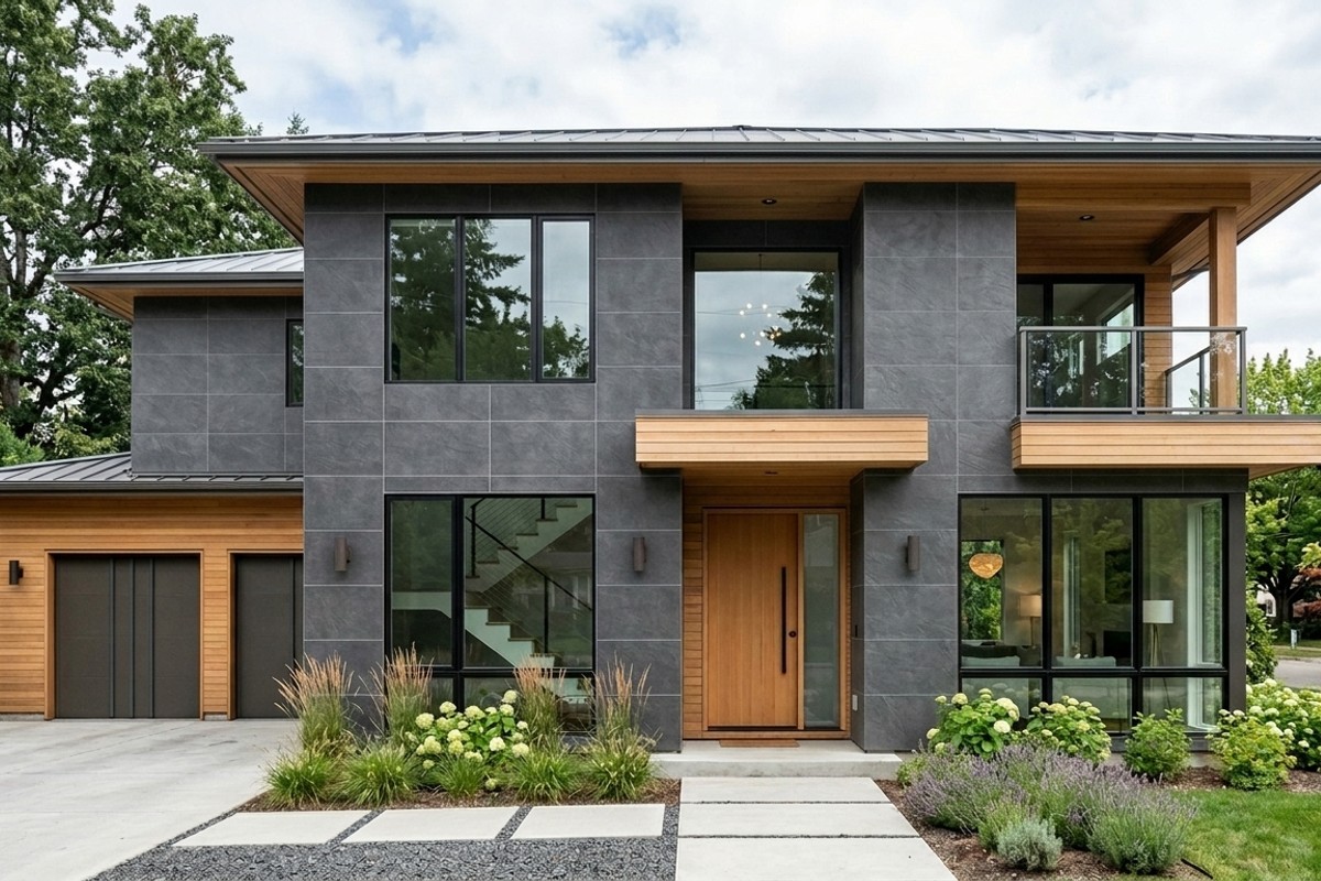 Modern home facade with large format dark grey porcelain tiles and crisp white fiber cement panels.