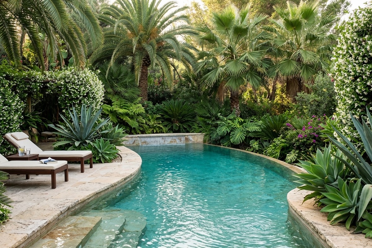 Luxurious pool with lush, layered landscaping including mature palms, jasmine, and agaves for a tropical, private oasis feel.