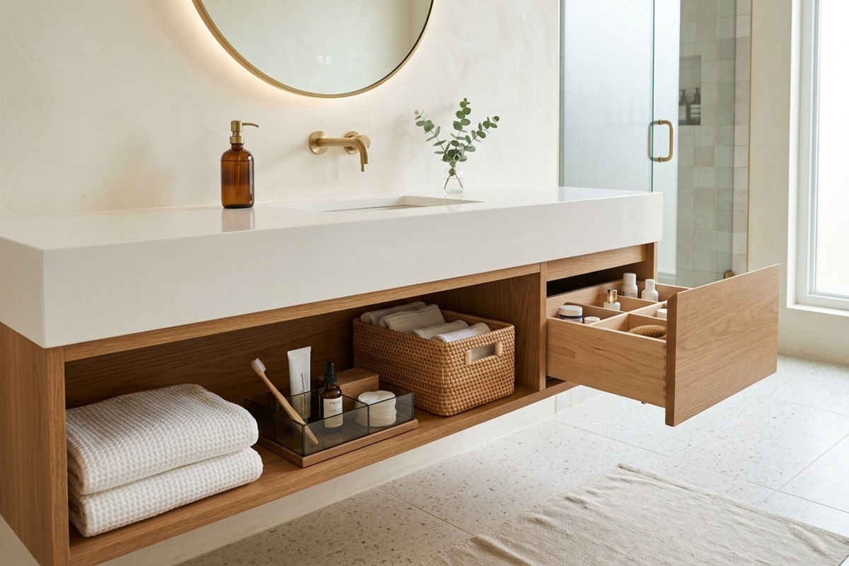 A pristine, clutter-free bathroom counter with chic storage baskets and organizers, emphasizing visual serenity.