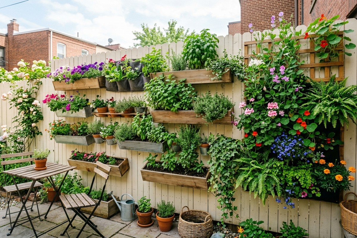 Vertical garden with lush greenery and colorful flowers on a wall in a small backyard.