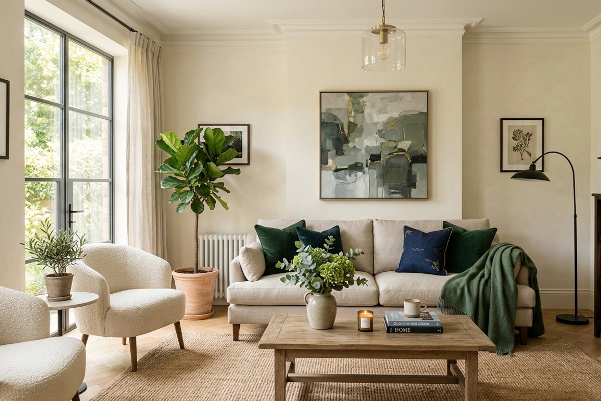 Living room with muted neutral walls (warm grey, off-white) and deep forest green or sapphire blue accents.